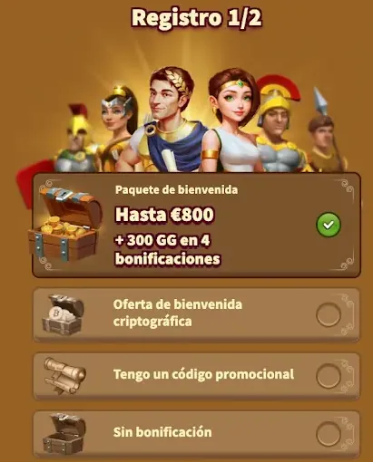 Selección de bonificación durante registro MyEmpire Casino