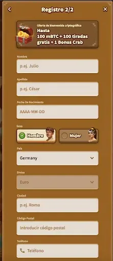 Formulario de registro 2/2 MyEmpire Casino con datos personales