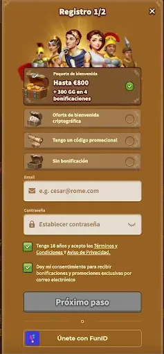 Formulario de registro 1/2 MyEmpire Casino con email y contraseña